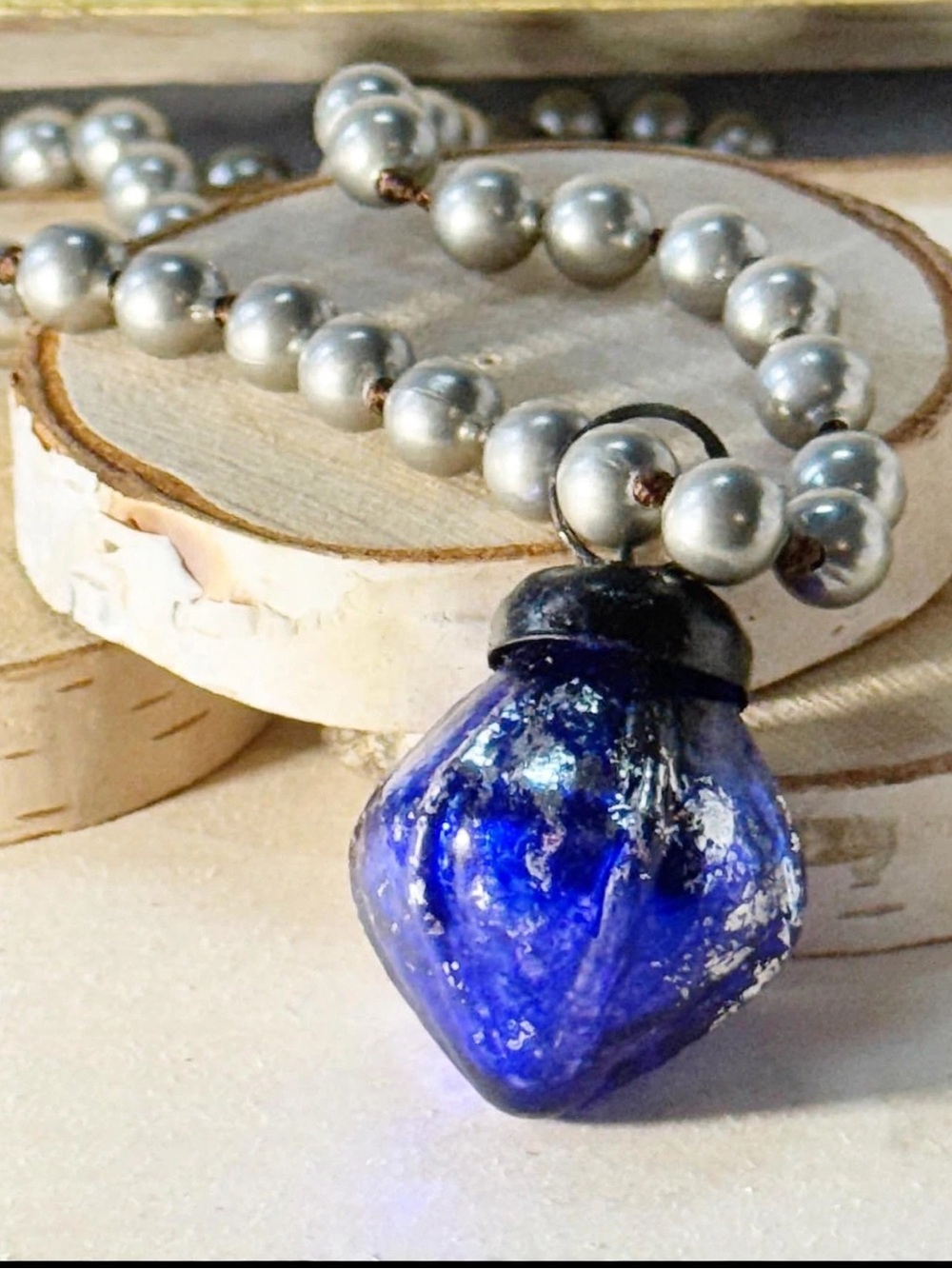 Artisan Handknotted Silver Necklace with Blue Vintage Ornament Pendant